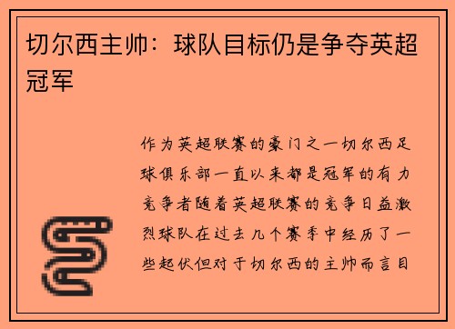 切尔西主帅：球队目标仍是争夺英超冠军