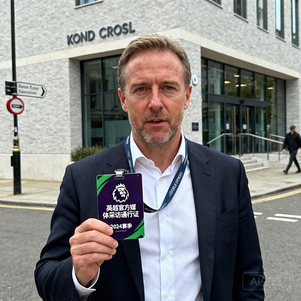 欧洲分部负责人马克·理查德森，英国籍体育记者，手持英超官方媒体采访通行证，站在伦敦国王十字区办公室前